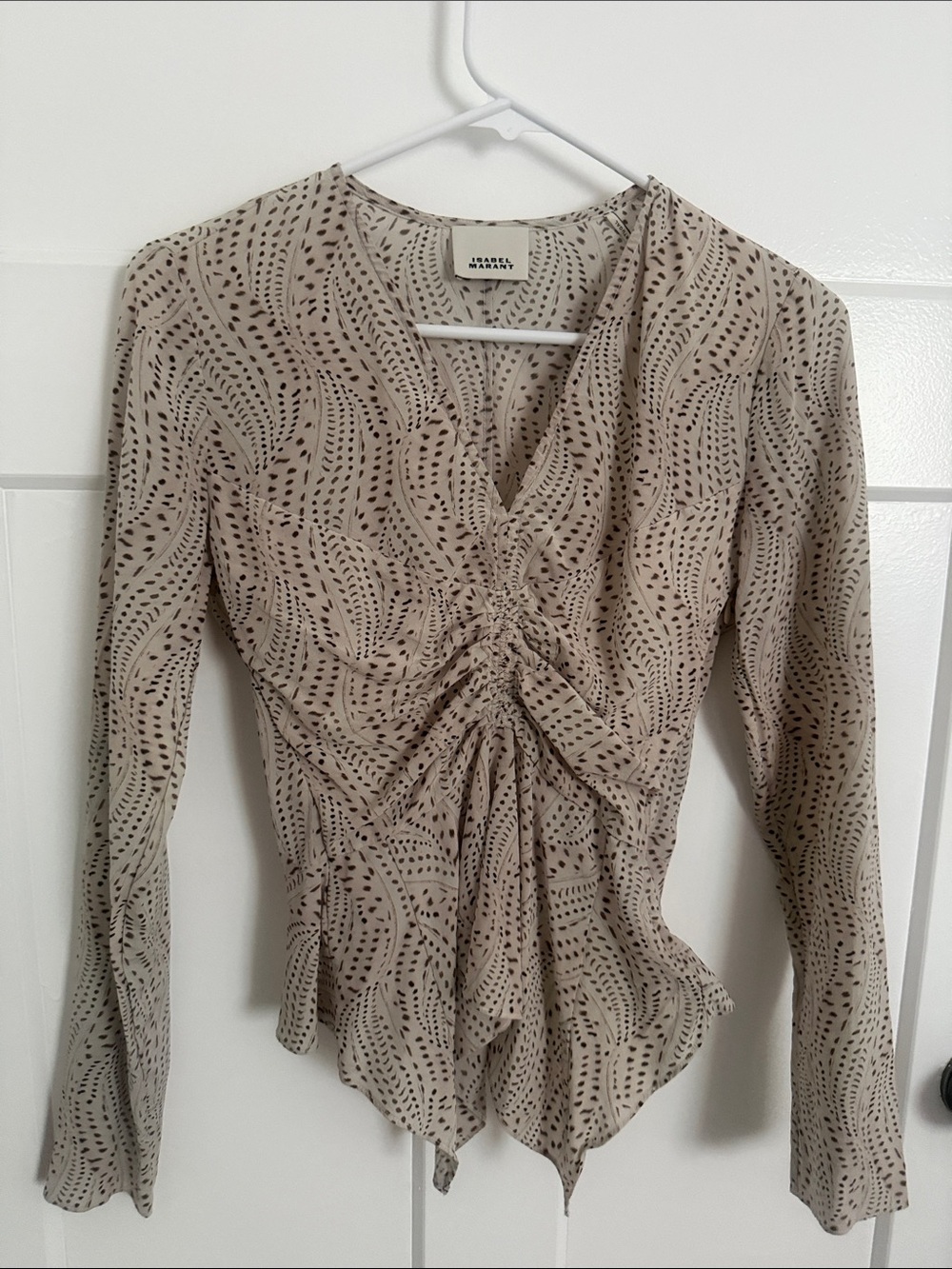 Isabel Marant Beige Patterned Long-Sleeve Ruched Blouse